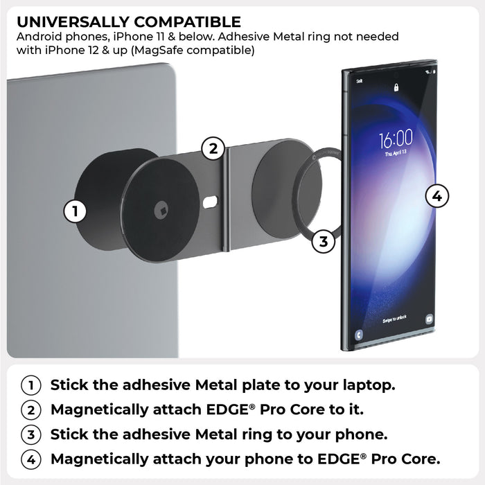 EDGE® Pro Core - MagSafe phone & tablet holder - EDGE® Pro Core - MagSafe phone & tablet holder - Hyperspace Black - Black EDGE Pro Core MagSafe phone and tablet holder attached to a laptop with magnetic metal plate. - Rolling Square EDGE® Pro Core - MagSafe phone & tablet holder - Hyperspace Black - Black EDGE Pro Core MagSafe phone and tablet holder attached to a laptop with magnetic metal plate. - Rolling Square