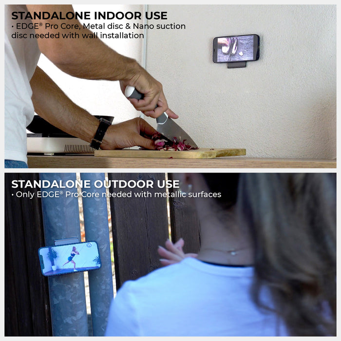 EDGE® Pro Core - MagSafe phone & tablet holder - EDGE® Pro Core - MagSafe phone & tablet holder - Hyperspace Black - Black EDGE Pro Core MagSafe phone holder mounted on wall indoors and outdoors, holding phones. - Rolling Square EDGE® Pro Core - MagSafe phone & tablet holder - Hyperspace Black - Black EDGE Pro Core MagSafe phone holder mounted on wall indoors and outdoors, holding phones. - Rolling Square