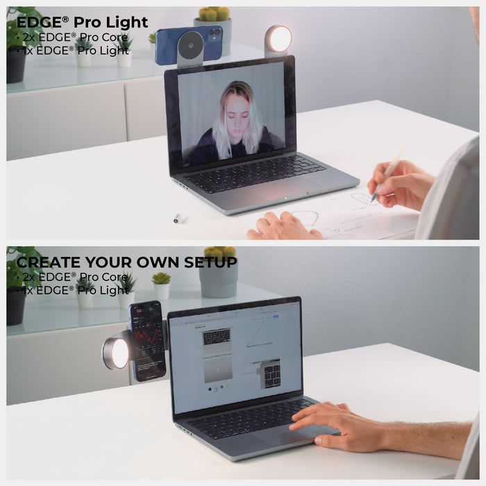 EDGE® Pro Light - 1000lm portable light - EDGE® Pro Light - 1000lm portable light - Hyperspace Black - Hyperspace Black EDGE® Pro Light mounted on laptop illuminating workspace with video call and creative setup shown. - Rolling Square EDGE® Pro Light - 1000lm portable light - Hyperspace Black - Hyperspace Black EDGE® Pro Light mounted on laptop illuminating workspace with video call and creative setup shown. - Rolling Square