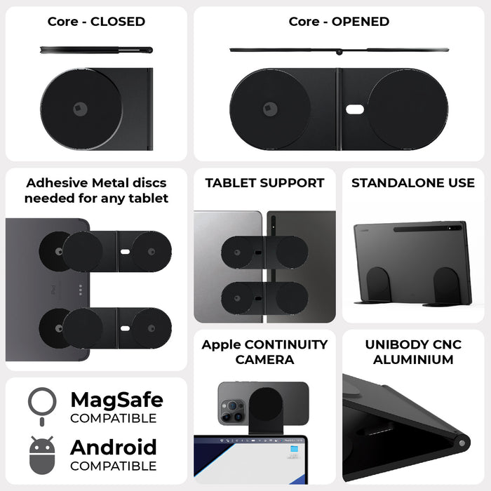 EDGE® Pro Tablet kit - MagSafe phone & tablet holder - EDGE® Pro Tablet kit - MagSafe phone & tablet holder - Hyperspace Black - MagSafe compatible black aluminum phone and tablet holder with adhesive metal discs, shown closed and opened with adjustable . - Rolling Square EDGE® Pro Tablet kit - MagSafe phone & tablet holder - Hyperspace Black - MagSafe compatible black aluminum phone and tablet holder with adhesive metal discs, shown closed and opened with adjustable . - Rolling Square