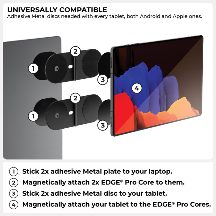 EDGE® Pro Tablet kit - MagSafe phone & tablet holder - EDGE® Pro Tablet kit - MagSafe phone & tablet holder - Hyperspace Black - Magnetic EDGE Pro Tablet kit with adhesive metal plates holding a tablet to a laptop in black and gray colors. - Rolling Square EDGE® Pro Tablet kit - MagSafe phone & tablet holder - Hyperspace Black - Magnetic EDGE Pro Tablet kit with adhesive metal plates holding a tablet to a laptop in black and gray colors. - Rolling Square