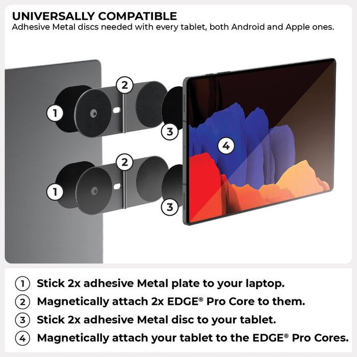 EDGE® Pro Tablet kit - MagSafe phone & tablet holder - EDGE® Pro Tablet kit - MagSafe phone & tablet holder - Hyperspace Black - Magnetic EDGE Pro Tablet kit with adhesive metal plates attaching tablet to laptop in black and gray variants. - Rolling Square EDGE® Pro Tablet kit - MagSafe phone & tablet holder - Hyperspace Black - Magnetic EDGE Pro Tablet kit with adhesive metal plates attaching tablet to laptop in black and gray variants. - Rolling Square