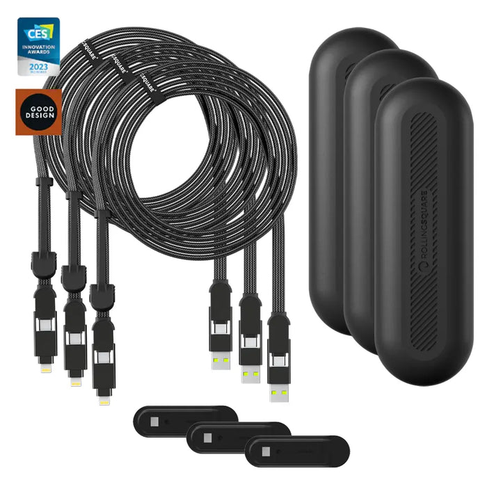 inCharge® XL 3m / 10ft - 100W, 6in1 ultra long cable - inCharge® XL 3m / 10ft - 100W, 6in1 ultra long cable - Urban Black - Three coiled black inCharge XL 3m multi-device charging cables with six connectors and three matching black magnetic cable. - Rolling Square inCharge® XL 3m / 10ft - 100W, 6in1 ultra long cable - Urban Black - Three coiled black inCharge XL 3m multi-device charging cables with six connectors and three matching black magnetic cable. - Rolling Square