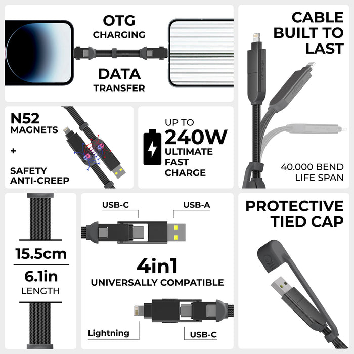 inCharge® XS - 240W, 4in1 keyring cable - inCharge® XS - 240W, 4in1 keyring cable - Lanzarote Gray - Compact 4-in-1 keyring cable in gray with USB-C, USB-A, and Lightning connectors, featuring 15. - Rolling Square inCharge® XS - 240W, 4in1 keyring cable - Lanzarote Gray - Compact 4-in-1 keyring cable in gray with USB-C, USB-A, and Lightning connectors, featuring 15. - Rolling Square