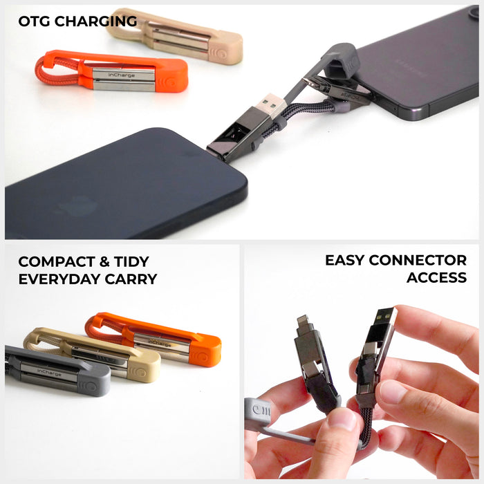 inCharge® XS - 240W, 4in1 keyring cable - inCharge® XS - 240W, 4in1 keyring cable - Lanzarote Gray - Compact 4-in-1 keyring charging cable in black, connected to a phone and a power bank. - Rolling Square inCharge® XS - 240W, 4in1 keyring cable - Lanzarote Gray - Compact 4-in-1 keyring charging cable in black, connected to a phone and a power bank. - Rolling Square