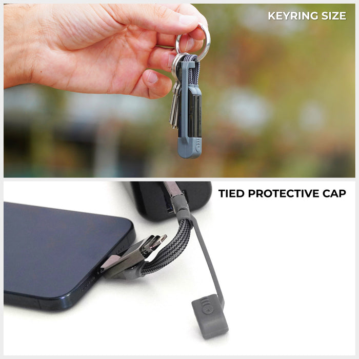 inCharge® XS - 240W, 4in1 keyring cable - inCharge® XS - 240W, 4in1 keyring cable - Lanzarote Gray - Compact gray inCharge XS 4-in-1 keyring cable held in hand and connected to a smartphone with a tied protective cap. - Rolling Square inCharge® XS - 240W, 4in1 keyring cable - Lanzarote Gray - Compact gray inCharge XS 4-in-1 keyring cable held in hand and connected to a smartphone with a tied protective cap. - Rolling Square