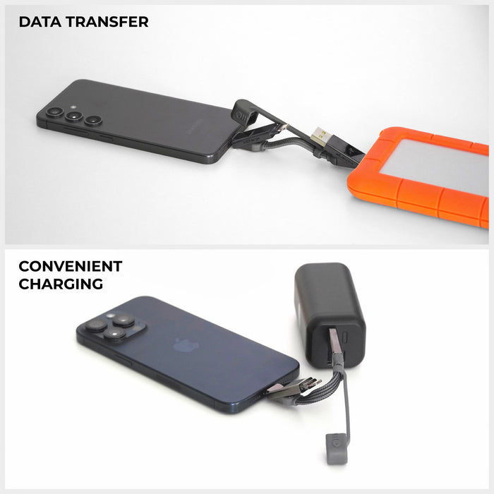 inCharge® XS - 240W, 4in1 keyring cable - inCharge® XS - 240W, 4in1 keyring cable - Lanzarote Gray - 4in1 black keyring cable charging a smartphone and external hard drive, compact design. - Rolling Square inCharge® XS - 240W, 4in1 keyring cable - Lanzarote Gray - 4in1 black keyring cable charging a smartphone and external hard drive, compact design. - Rolling Square