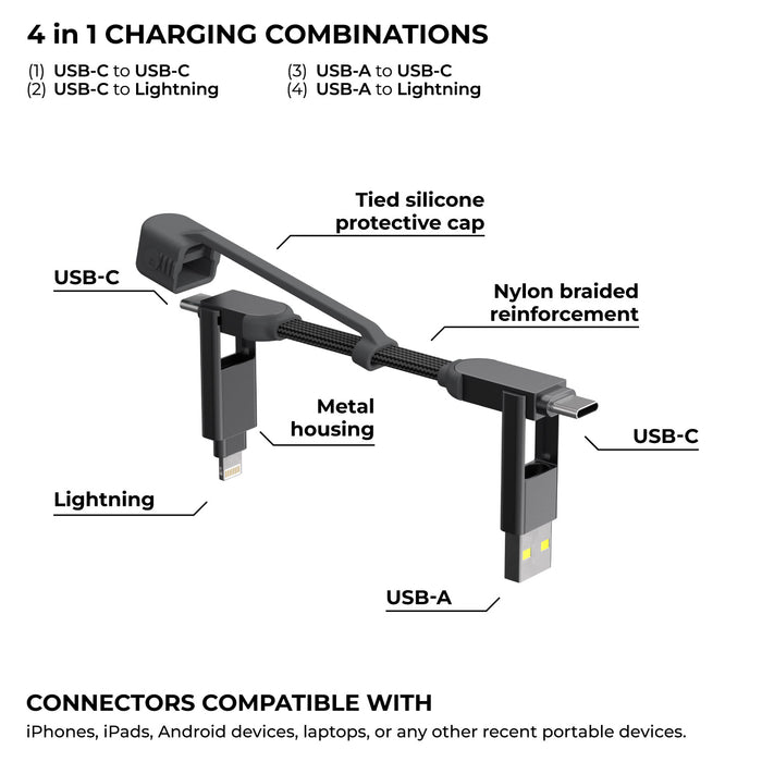 inCharge® XS - 240W, 4in1 keyring cable - inCharge® XS - 240W, 4in1 keyring cable - Lanzarote Gray - Compact gray inCharge XS keyring cable with USB-C, Lightning, and USB-A connectors, nylon braided and metal housing. - Rolling Square inCharge® XS - 240W, 4in1 keyring cable - Lanzarote Gray - Compact gray inCharge XS keyring cable with USB-C, Lightning, and USB-A connectors, nylon braided and metal housing. - Rolling Square