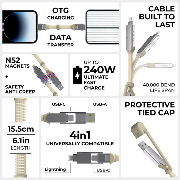 inCharge® XS - 240W, 4in1 keyring cable - inCharge® XS - 240W, 4in1 keyring cable - Lanzarote Gray - Compact gray 4-in-1 keyring cable with Lightning, USB-C, and USB-A connectors, 15.5cm long, with protective tied cap. - Rolling Square inCharge® XS - 240W, 4in1 keyring cable - Lanzarote Gray - Compact gray 4-in-1 keyring cable with Lightning, USB-C, and USB-A connectors, 15.5cm long, with protective tied cap. - Rolling Square