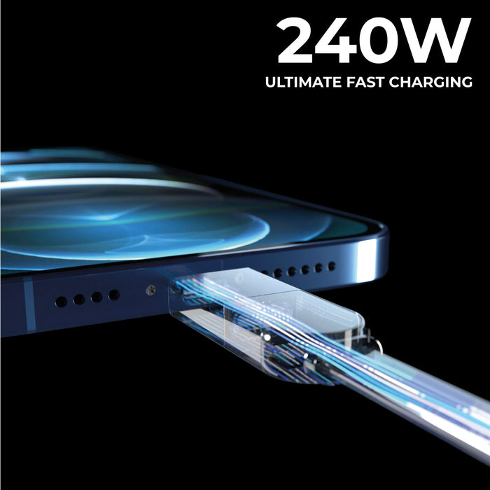 inCharge® XS - 240W, 4in1 keyring cable - inCharge® XS - 240W, 4in1 keyring cable - Lanzarote Gray - Transparent fast-charging USB-C to Lightning keyring cable plugged into blue smartphone port. - Rolling Square inCharge® XS - 240W, 4in1 keyring cable - Lanzarote Gray - Transparent fast-charging USB-C to Lightning keyring cable plugged into blue smartphone port. - Rolling Square