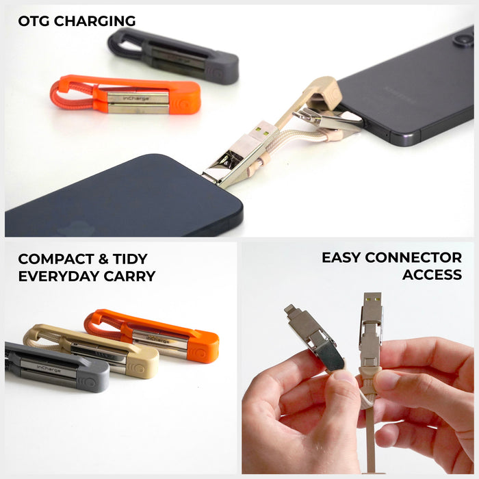 inCharge® XS - 240W, 4in1 keyring cable - inCharge® XS - 240W, 4in1 keyring cable - Lanzarote Gray - Compact 4-in-1 keyring charging cables in gray, beige, and orange with USB and Lightning connectors. - Rolling Square inCharge® XS - 240W, 4in1 keyring cable - Lanzarote Gray - Compact 4-in-1 keyring charging cables in gray, beige, and orange with USB and Lightning connectors. - Rolling Square