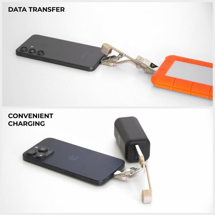 inCharge® XS - 240W, 4in1 keyring cable - inCharge® XS - 240W, 4in1 keyring cable - Lanzarote Gray - Compact keyring charging cable in Lanzarote Gray, connected to smartphone and power adapter, with Sahara Beige and Atacama. - Rolling Square inCharge® XS - 240W, 4in1 keyring cable - Lanzarote Gray - Compact keyring charging cable in Lanzarote Gray, connected to smartphone and power adapter, with Sahara Beige and Atacama. - Rolling Square
