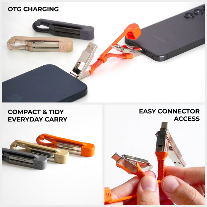 inCharge® XS - 240W, 4in1 keyring cable - inCharge® XS - 240W, 4in1 keyring cable - Lanzarote Gray - Compact 4in1 keyring charging cables in gray, beige, and orange connected to devices with easy-access connectors. - Rolling Square inCharge® XS - 240W, 4in1 keyring cable - Lanzarote Gray - Compact 4in1 keyring charging cables in gray, beige, and orange connected to devices with easy-access connectors. - Rolling Square