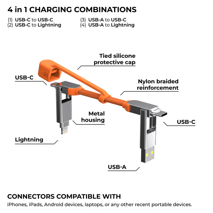 inCharge® XS - 240W, 4in1 keyring cable - inCharge® XS - 240W, 4in1 keyring cable - Lanzarote Gray - Orange 4-in-1 keyring cable with USB-C, Lightning, USB-A, silicone cap, metal housing, nylon braided reinforcement. - Rolling Square inCharge® XS - 240W, 4in1 keyring cable - Lanzarote Gray - Orange 4-in-1 keyring cable with USB-C, Lightning, USB-A, silicone cap, metal housing, nylon braided reinforcement. - Rolling Square