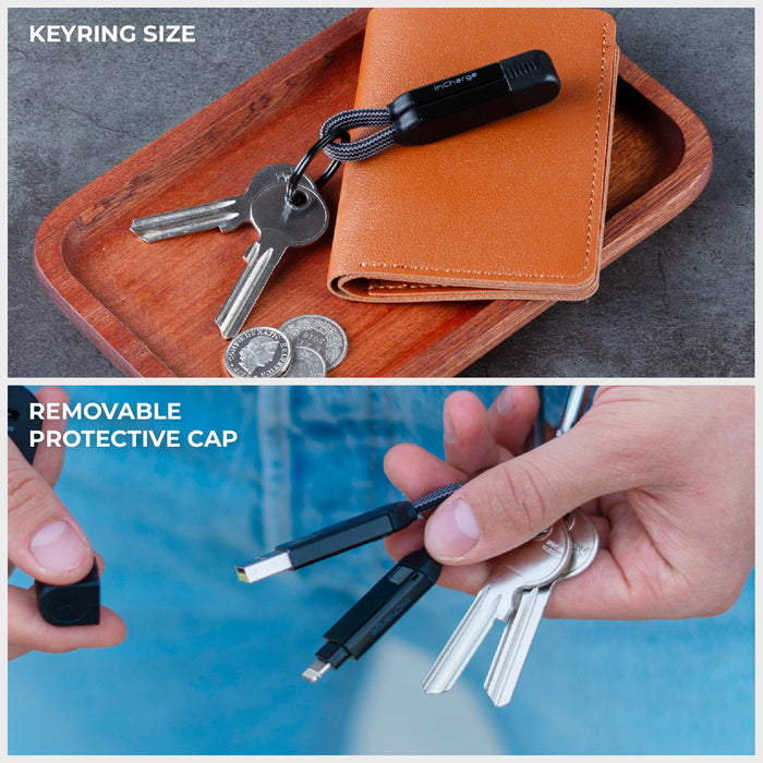 inCharge® X - 100W, 6in1 keyring cable - inCharge® X - 100W, 6in1 keyring cable - Lava Black - Compact black keyring cable with removable cap attached to keys and wallet on wooden tray, close-up of connector detail. - Rolling Square inCharge® X - 100W, 6in1 keyring cable - Lava Black - Compact black keyring cable with removable cap attached to keys and wallet on wooden tray, close-up of connector detail. - Rolling Square