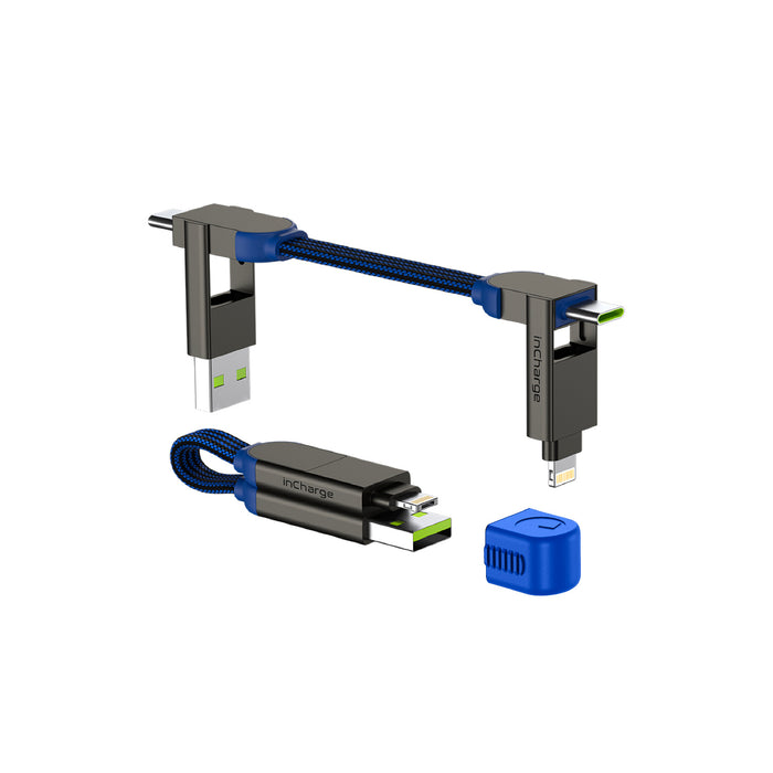inCharge® X - 100W, 6in1 keyring cable - inCharge® X - 100W, 6in1 keyring cable - Lava Black - Compact black and blue 6-in-1 keyring charging cable with USB and multiple connectors. - Rolling Square inCharge® X - 100W, 6in1 keyring cable - Lava Black - Compact black and blue 6-in-1 keyring charging cable with USB and multiple connectors. - Rolling Square