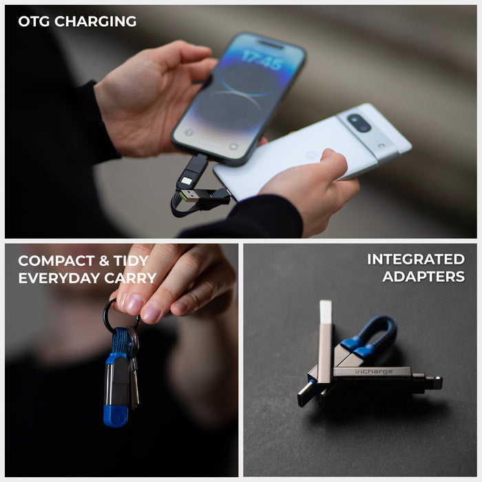 inCharge® X - 100W, 6in1 keyring cable - inCharge® X - 100W, 6in1 keyring cable - Lava Black - Compact black inCharge X 6-in-1 keyring cable charging a smartphone and handheld device. - Rolling Square inCharge® X - 100W, 6in1 keyring cable - Lava Black - Compact black inCharge X 6-in-1 keyring cable charging a smartphone and handheld device. - Rolling Square