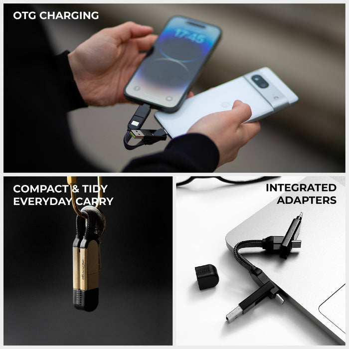 inCharge® X - 100W, 6in1 keyring cable - inCharge® X - 100W, 6in1 keyring cable - Lava Black - Black compact keyring cable with integrated adapters charging two smartphones simultaneously. - Rolling Square inCharge® X - 100W, 6in1 keyring cable - Lava Black - Black compact keyring cable with integrated adapters charging two smartphones simultaneously. - Rolling Square