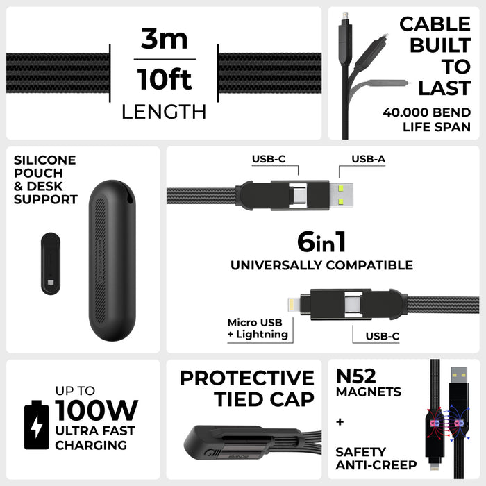 inCharge® XL 3m / 10ft - 100W, 6in1 ultra long cable - inCharge® XL 3m / 10ft - 100W, 6in1 ultra long cable - Urban Black - Black inCharge XL 3m 6-in-1 charging cable with USB-C, USB-A, Micro USB, and Lightning connectors in silicone pouch and desk . - Rolling Square inCharge® XL 3m / 10ft - 100W, 6in1 ultra long cable - Urban Black - Black inCharge XL 3m 6-in-1 charging cable with USB-C, USB-A, Micro USB, and Lightning connectors in silicone pouch and desk . - Rolling Square