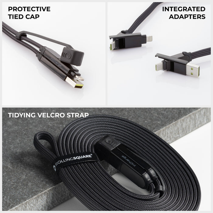 inCharge® XL 3m / 10ft - 100W, 6in1 ultra long cable - inCharge® XL 3m / 10ft - 100W, 6in1 ultra long cable - Urban Black - Black inCharge XL 3m ultra long charging cable with integrated adapters, protective tied cap, and tidy Velcro strap. - Rolling Square inCharge® XL 3m / 10ft - 100W, 6in1 ultra long cable - Urban Black - Black inCharge XL 3m ultra long charging cable with integrated adapters, protective tied cap, and tidy Velcro strap. - Rolling Square