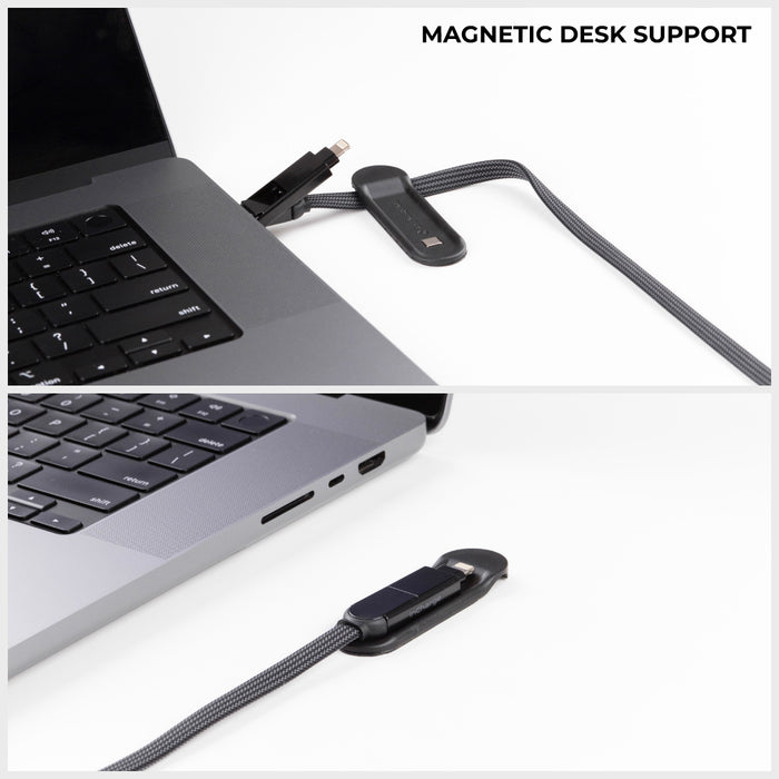 inCharge® XL 3m / 10ft - 100W, 6in1 ultra long cable - inCharge® XL 3m / 10ft - 100W, 6in1 ultra long cable - Urban Black - Black flat inCharge XL 3m cable with magnetic desk support attached to laptop side ports. - Rolling Square inCharge® XL 3m / 10ft - 100W, 6in1 ultra long cable - Urban Black - Black flat inCharge XL 3m cable with magnetic desk support attached to laptop side ports. - Rolling Square