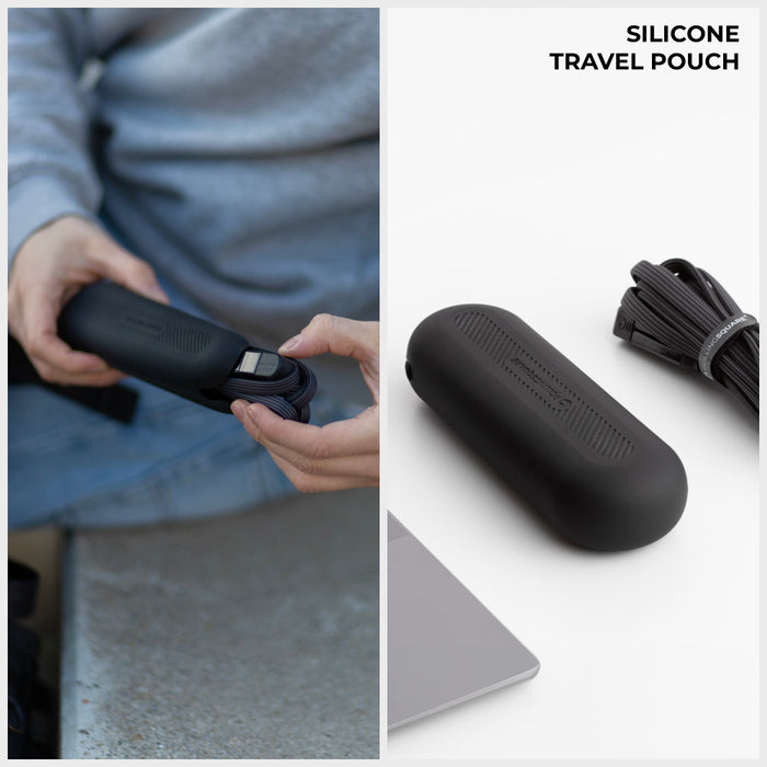 inCharge® XL 3m / 10ft - 100W, 6in1 ultra long cable - inCharge® XL 3m / 10ft - 100W, 6in1 ultra long cable - Urban Black - Black silicone travel pouch for inCharge XL cable with 10ft ultra long charging cable rolled beside it. - Rolling Square inCharge® XL 3m / 10ft - 100W, 6in1 ultra long cable - Urban Black - Black silicone travel pouch for inCharge XL cable with 10ft ultra long charging cable rolled beside it. - Rolling Square