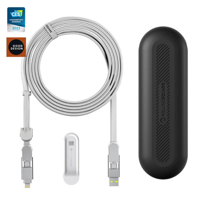 inCharge® XL 3m / 10ft - 100W, 6in1 ultra long cable - inCharge® XL 3m / 10ft - 100W, 6in1 ultra long cable - Urban Black - White 3m inCharge XL ultra long 6-in-1 charging cable with compact black carrying case and cable clip. - Rolling Square inCharge® XL 3m / 10ft - 100W, 6in1 ultra long cable - Urban Black - White 3m inCharge XL ultra long 6-in-1 charging cable with compact black carrying case and cable clip. - Rolling Square