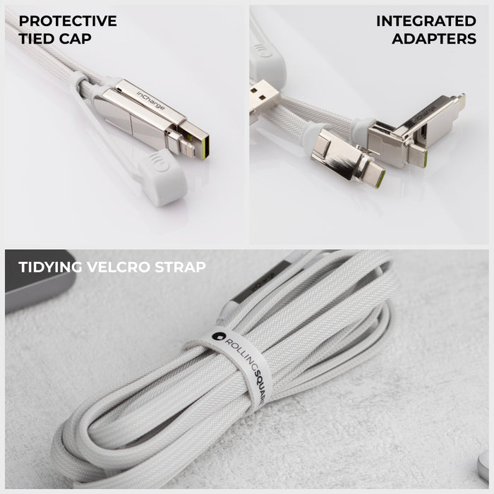 inCharge® XL 3m / 10ft - 100W, 6in1 ultra long cable - inCharge® XL 3m / 10ft - 100W, 6in1 ultra long cable - Urban Black - White inCharge XL 3m cable with protective tied cap, integrated adapters, and tidying Velcro strap. - Rolling Square inCharge® XL 3m / 10ft - 100W, 6in1 ultra long cable - Urban Black - White inCharge XL 3m cable with protective tied cap, integrated adapters, and tidying Velcro strap. - Rolling Square
