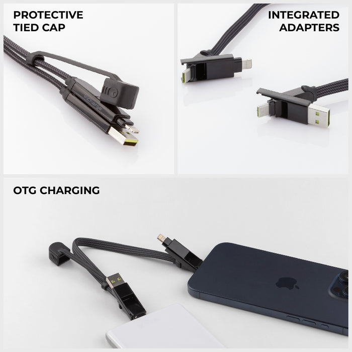 inCharge® XL 30cm / 1ft - 100W, 6in1 travel cable - inCharge® XL 30cm / 1ft - 100W, 6in1 travel cable - Urban Black - Black inCharge XL 6-in-1 travel cable with integrated adapters and protective tied cap connected to smartphone and power bank. - Rolling Square inCharge® XL 30cm / 1ft - 100W, 6in1 travel cable - Urban Black - Black inCharge XL 6-in-1 travel cable with integrated adapters and protective tied cap connected to smartphone and power bank. - Rolling Square
