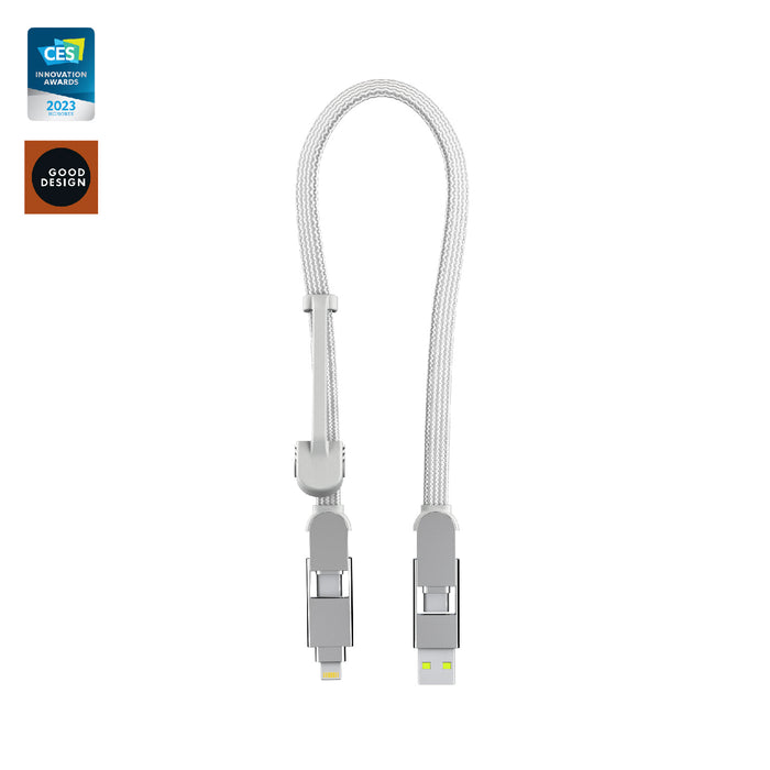 inCharge® XL 30cm / 1ft - 100W, 6in1 travel cable - inCharge® XL 30cm / 1ft - 100W, 6in1 travel cable - Urban Black - White braided 30cm inCharge XL 6-in-1 travel charging cable with USB-C and Lightning connectors. - Rolling Square inCharge® XL 30cm / 1ft - 100W, 6in1 travel cable - Urban Black - White braided 30cm inCharge XL 6-in-1 travel charging cable with USB-C and Lightning connectors. - Rolling Square