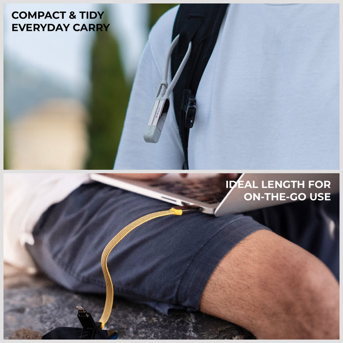 inCharge® XL 30cm / 1ft - 100W, 6in1 travel cable - inCharge® XL 30cm / 1ft - 100W, 6in1 travel cable - Urban Black - Compact black inCharge XL 30cm travel cable clipped to backpack strap and stretched on a person's leg. - Rolling Square inCharge® XL 30cm / 1ft - 100W, 6in1 travel cable - Urban Black - Compact black inCharge XL 30cm travel cable clipped to backpack strap and stretched on a person's leg. - Rolling Square