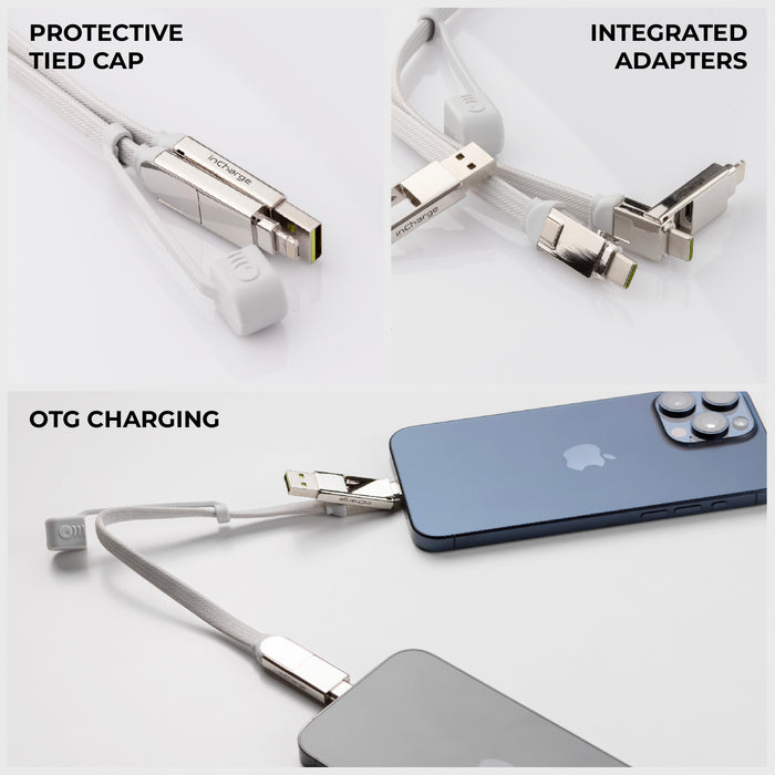 inCharge® XL 30cm / 1ft - 100W, 6in1 travel cable - inCharge® XL 30cm / 1ft - 100W, 6in1 travel cable - Urban Black - White 30cm inCharge XL 100W travel cable with integrated adapters and tied cap connected to smartphone and external device. - Rolling Square inCharge® XL 30cm / 1ft - 100W, 6in1 travel cable - Urban Black - White 30cm inCharge XL 100W travel cable with integrated adapters and tied cap connected to smartphone and external device. - Rolling Square