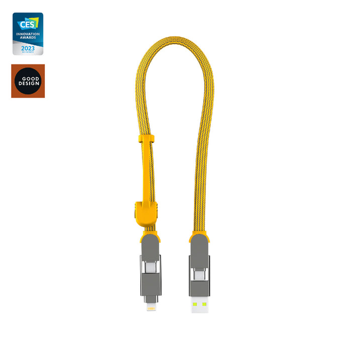 inCharge® XL 30cm / 1ft - 100W, 6in1 travel cable - inCharge® XL 30cm / 1ft - 100W, 6in1 travel cable - Urban Black - Yellow braided USB-C to USB-C travel cable with gray connectors and adjustable strap. - Rolling Square inCharge® XL 30cm / 1ft - 100W, 6in1 travel cable - Urban Black - Yellow braided USB-C to USB-C travel cable with gray connectors and adjustable strap. - Rolling Square