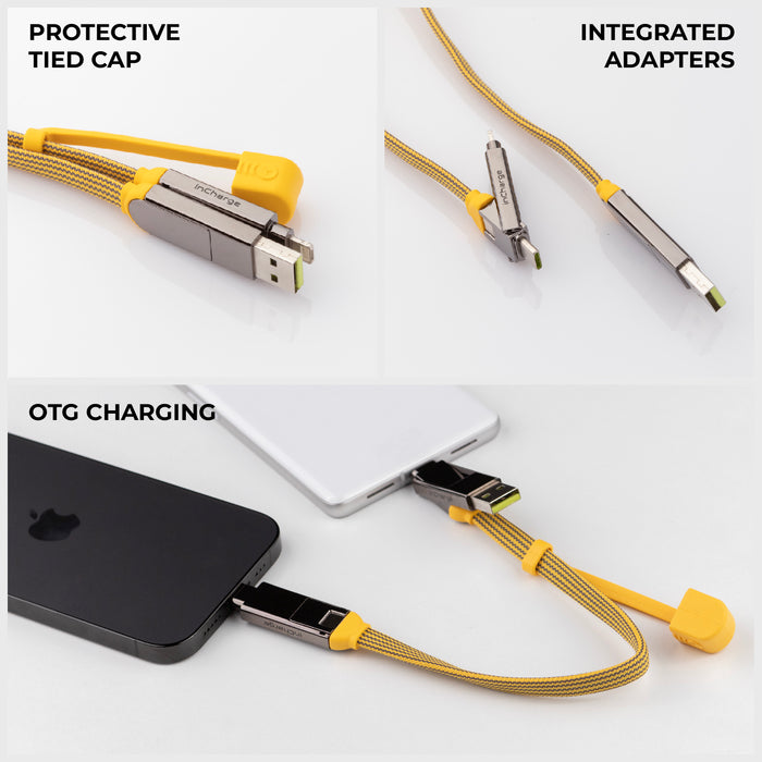 inCharge® XL 30cm / 1ft - 100W, 6in1 travel cable - inCharge® XL 30cm / 1ft - 100W, 6in1 travel cable - Urban Black - Yellow braided inCharge XL 30cm travel charging cable with integrated adapters and protective tied cap. - Rolling Square inCharge® XL 30cm / 1ft - 100W, 6in1 travel cable - Urban Black - Yellow braided inCharge XL 30cm travel charging cable with integrated adapters and protective tied cap. - Rolling Square