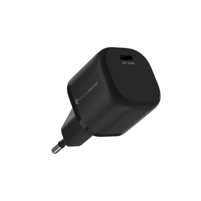 Essential GaN Charger - 30W power, 45% smaller - Essential GaN Charger - 30W power, 45% smaller - US - Compact black GaN charger with US plug and USB-C port, labeled PD 30W power. - Rolling Square Essential GaN Charger - 30W power, 45% smaller - US - Compact black GaN charger with US plug and USB-C port, labeled PD 30W power. - Rolling Square