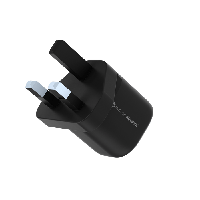 Essential GaN Charger - 30W power, 45% smaller - Essential GaN Charger - 30W power, 45% smaller - US - Compact black GaN charger with UK plug and smooth matte finish. - Rolling Square Essential GaN Charger - 30W power, 45% smaller - US - Compact black GaN charger with UK plug and smooth matte finish. - Rolling Square