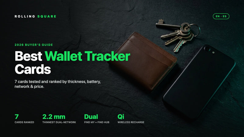 Best wallet tracker cards 2026 buyer's guide on dark slate with wallet, keys and phone, Rolling Square