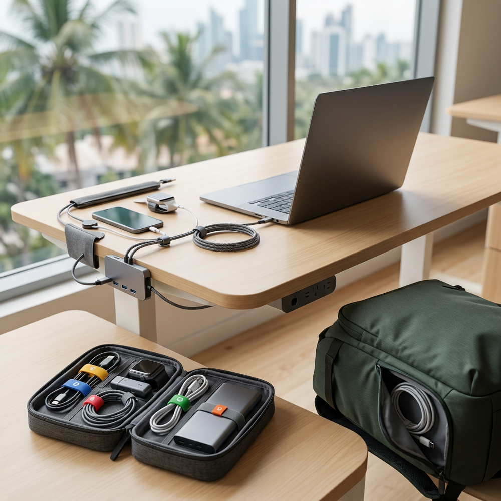 Desk with laptop and a cable management kit featuring a charging hub and neatly organized cables.
