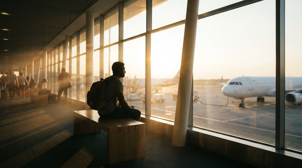 Traveler at an airport boarding gate at sunset, a calm moment after a well-packed tech pouch