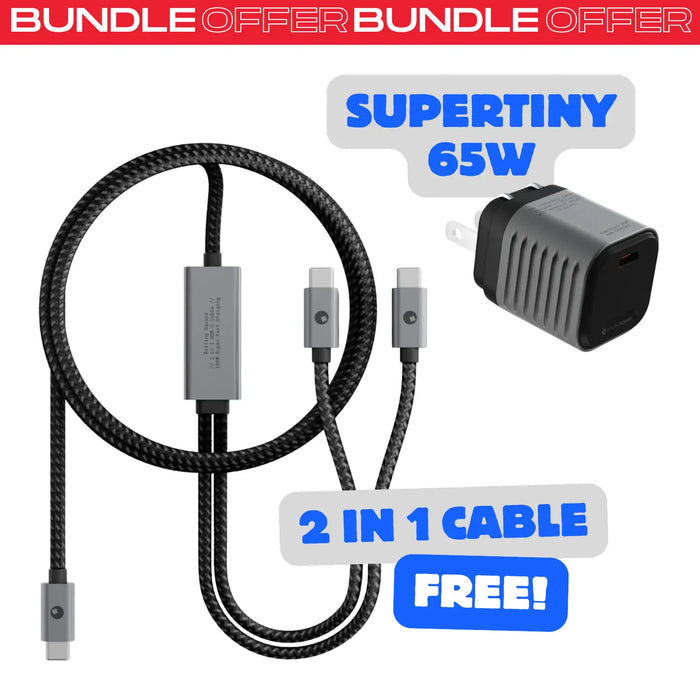 Supertiny 65W + Free 2in1 Cable (Bundle) - US - Compact black 65W charger with braided 2-in-1 USB-C to USB-C and USB-C to Lightning cable bundle. - Rolling Square