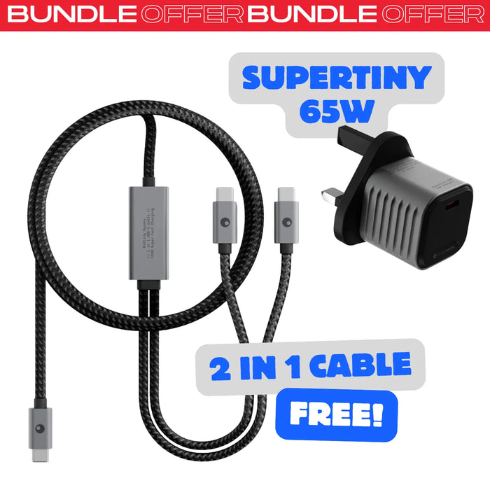 Supertiny 65W + Free 2in1 Cable (Bundle) - US - Compact black 65W charger with a braided 2-in-1 USB-C and Lightning cable bundle. - Rolling Square