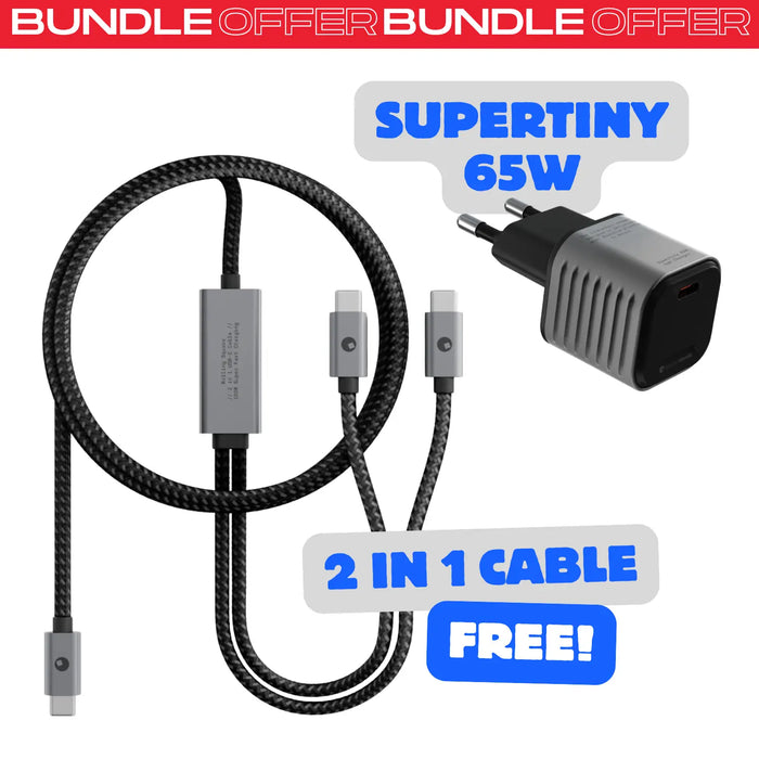 Supertiny 65W + Free 2in1 Cable (Bundle) - US - Compact black 65W USB-C charger with braided 2-in-1 USB-C and Lightning cable bundle. - Rolling Square