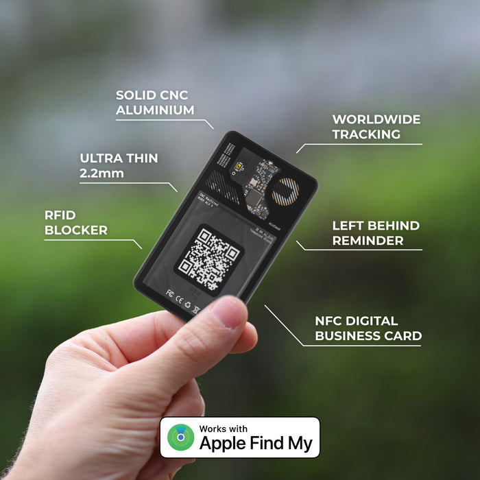 AirCard™ - Card-sized wallet tracker - 1x AirCard - Black card-sized tracker with QR code, solid aluminum body, and labeled features for NFC, RFID blocking, and worldwide. - Rolling Square