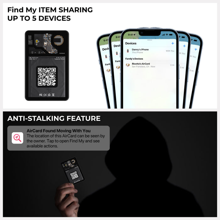 AirCard™ - Card-sized wallet tracker - 1x AirCard - Black AirCard wallet tracker showing internal circuitry and QR code alongside smartphone screens displaying the Find My app. - Rolling Square