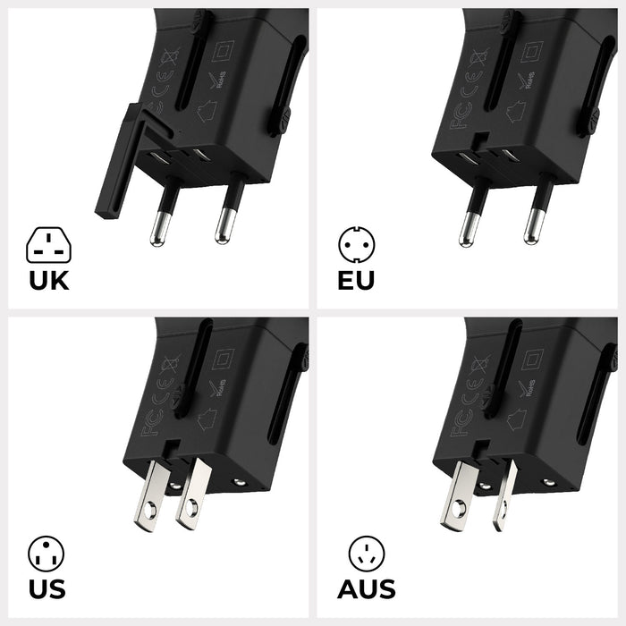 Pocket Travel Charger - US/EU/UK/AU plugs - 30W - 1 Port - Black compact travel charger with interchangeable UK, EU, US, and AU plug adapters. - Rolling Square