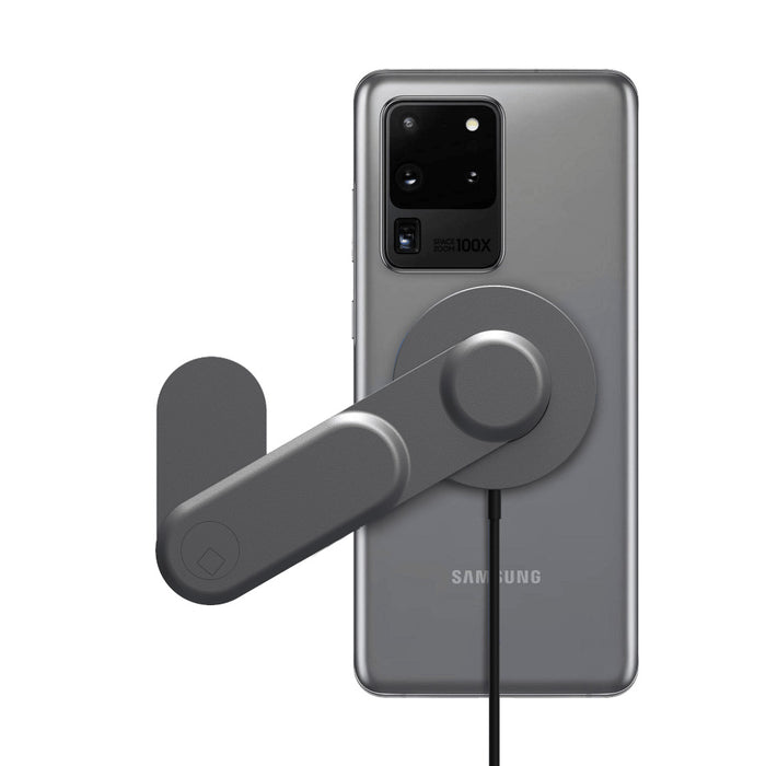 EDGE® Wireless Charger - MagSafe charger, up to 15W - Basalt Grey - Basalt grey EDGE® Wireless MagSafe charger attached to the back of a grey Samsung smartphone. - Rolling Square