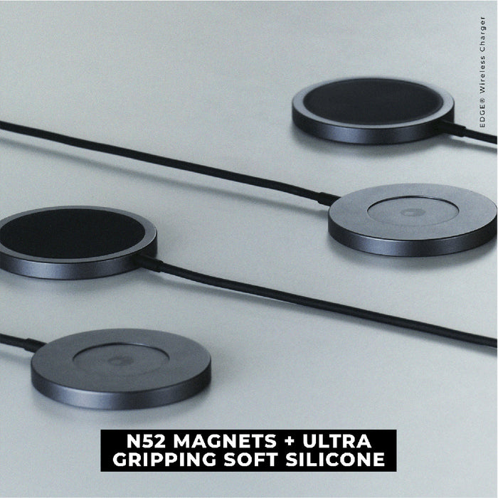 EDGE® Wireless Charger - MagSafe charger, up to 15W - Basalt Grey - Basalt grey EDGE® wireless chargers with ultra-grip silicone pads and slim round design connected by black cables. - Rolling Square