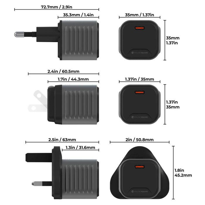 Supertiny 65W + Free 2in1 Cable (Bundle) - US - Compact black 65W charger with ribbed texture, USB-C port, and three plug variants shown separately. - Rolling Square