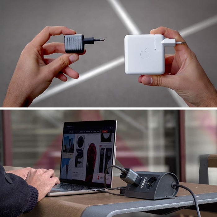 Supertiny 65W + Free 2in1 Cable (Bundle) - US - Compact white 65W wall charger with detachable black US plug adapter and laptop in use with charging dock. - Rolling Square