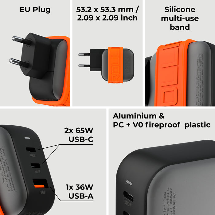 Essential GaN Charger - 65W power, 45% smaller - US - Compact black and orange Essential GaN Charger with EU plug, triple USB ports, and silicone multi-use band. - Rolling Square